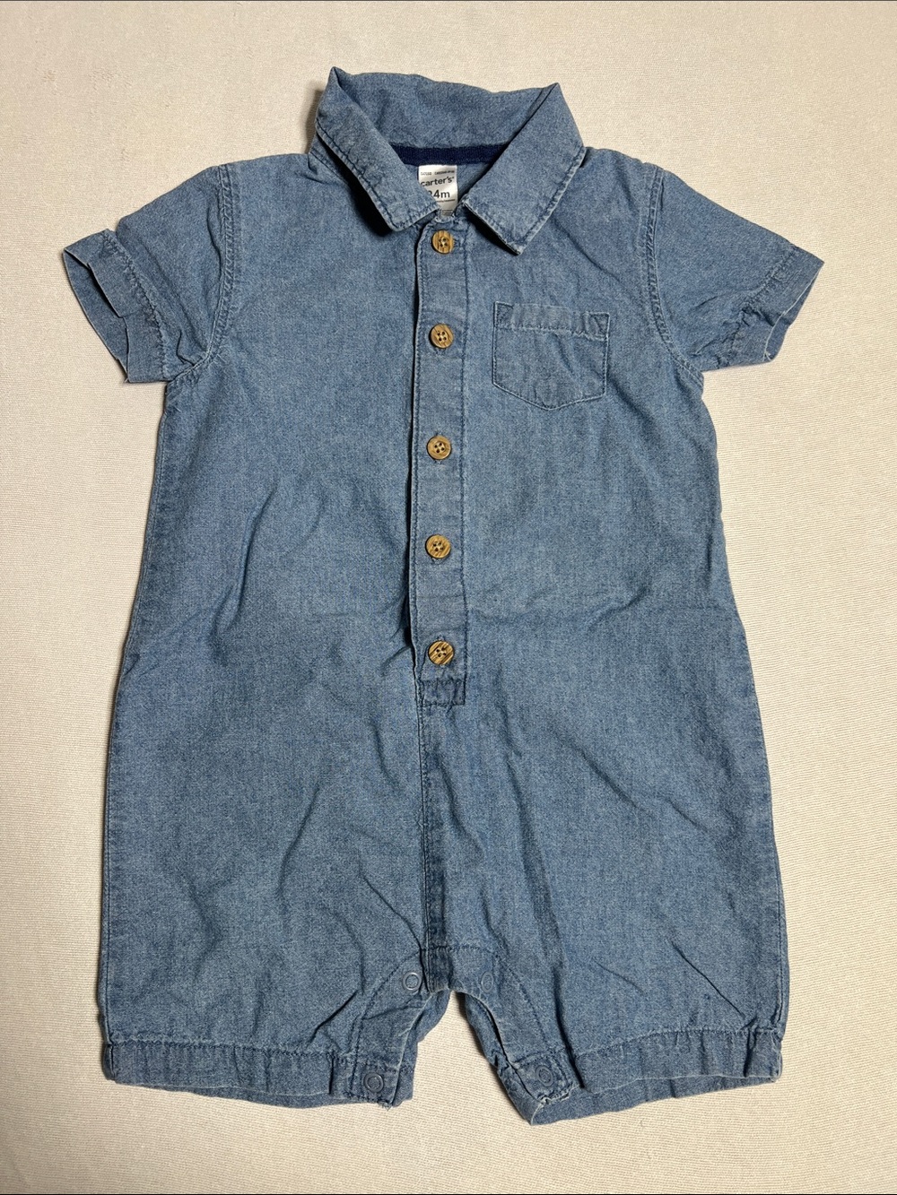 Carter's Light Blue Denim Button-Front Shortall Romper